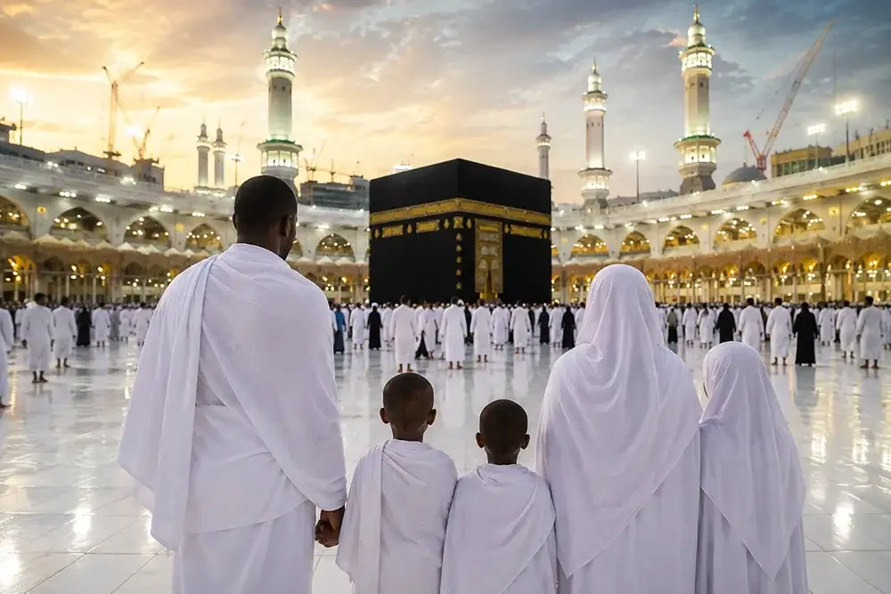 عائلة سودانية أمام الكعبة أثناء أداء الحج أو العمرة